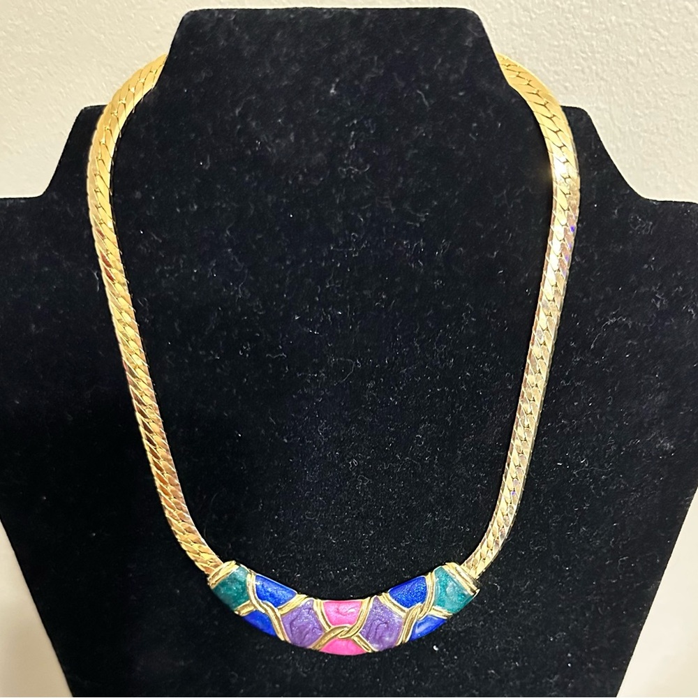 Lovely Herringbone Purple, Blue, & Green Enamel Collar Necklace.